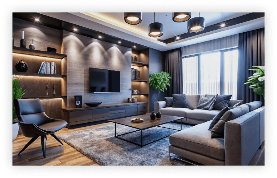 木調の壁面収納とソファがある落ち着いたリビング